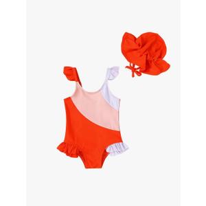 Toddler Bathing Suit with Hat Baby Girl Color Block Summer Sleeveless Swimsuit Kids Beach Swimwear 2-3 Y