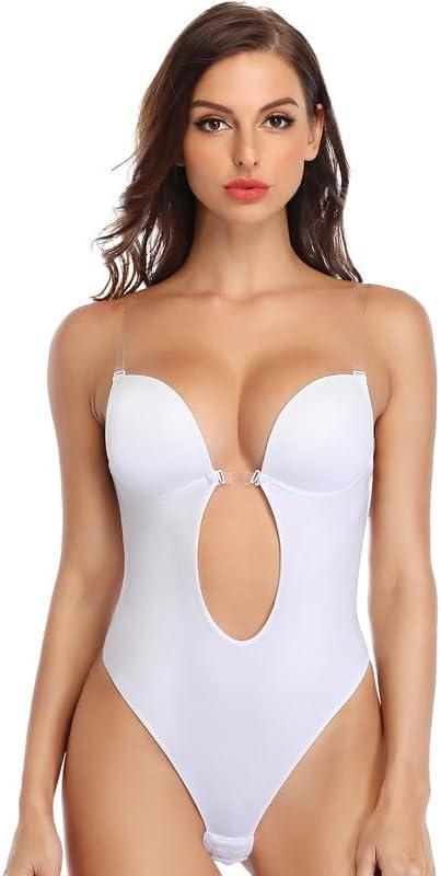 SHAPERIN Women's Backless Body Shaper Bra U Plunge Low Back Thong Shapewear Deep V Full Body Bodysuit (Large, White)
