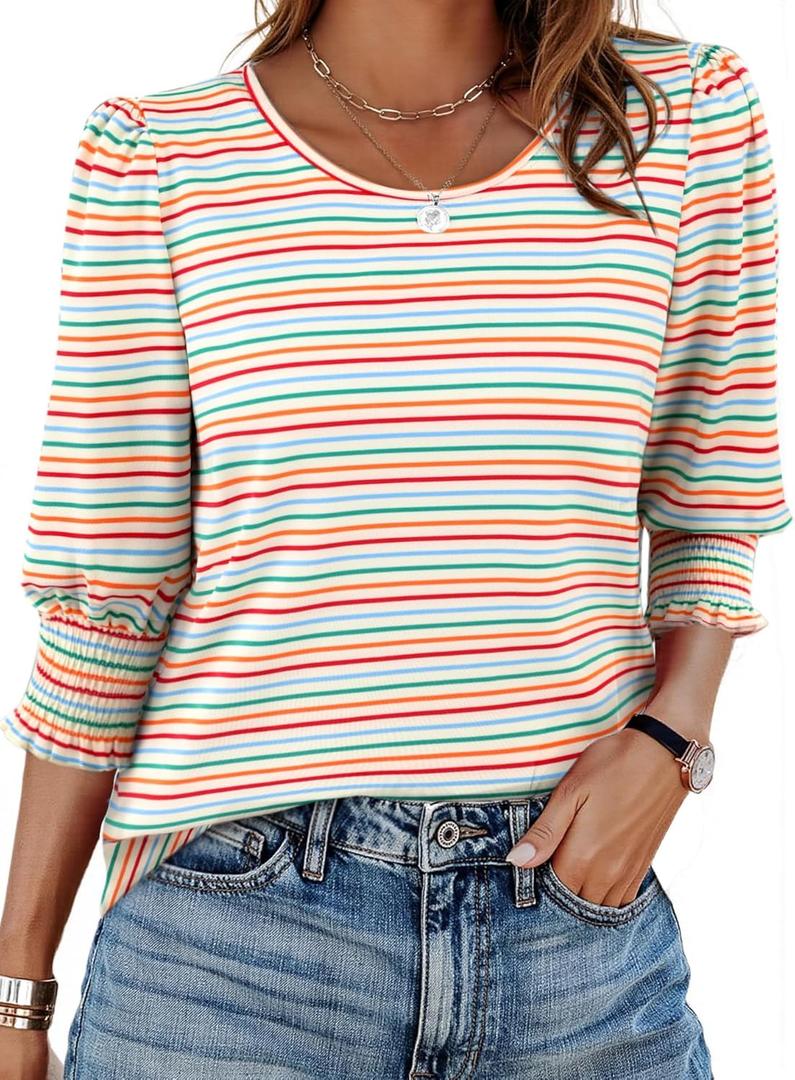 LilyCoco Womens Tunics Striped Shirt Crewneck 3/4 Sleeve T Shirts Green X-Large (XL)
