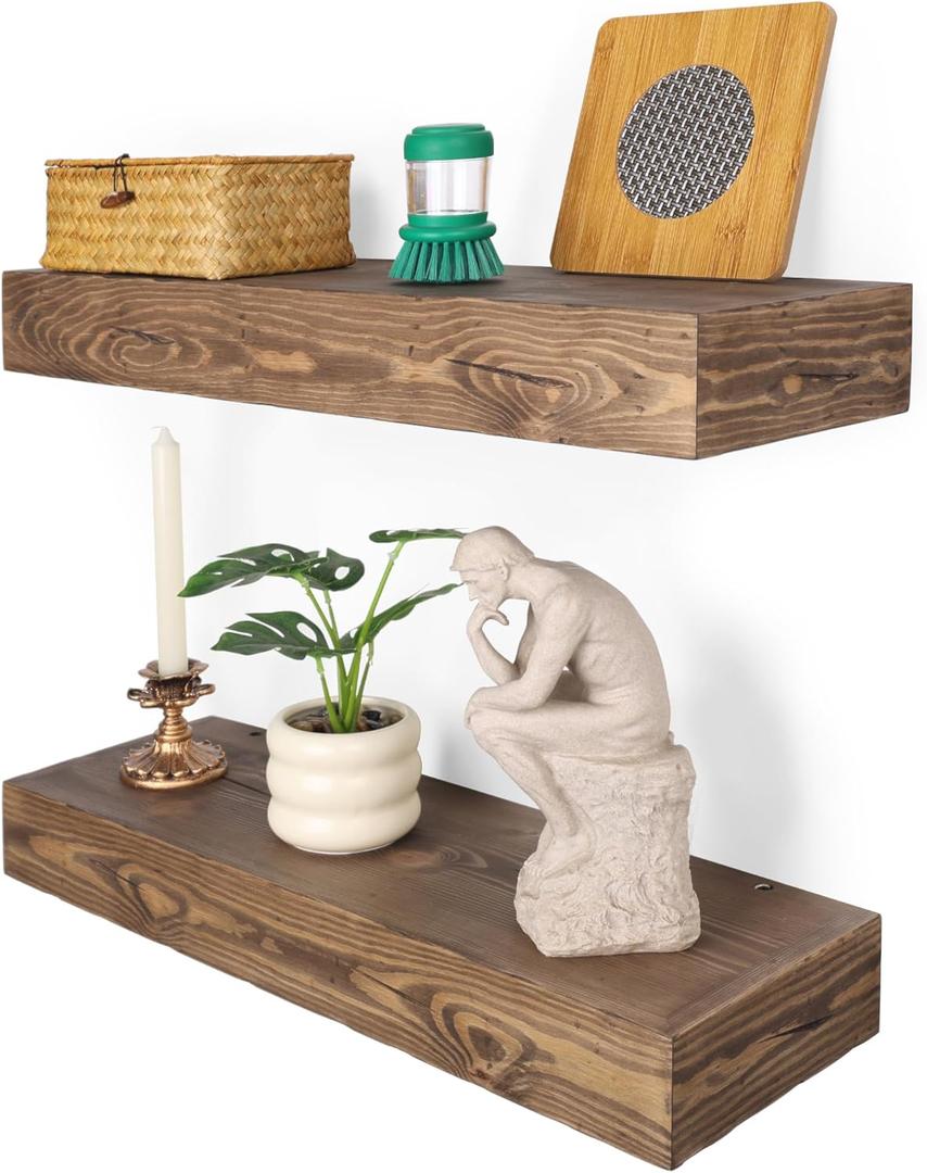 Floating Shelves 3 inch Thick for Wall Set of 2,Solid Pine Wood Wall Mount Shelf for Kitchen Living Room Bedroom Bathroom,8" D x 24" L x 3" H-Distressed Black Walnut