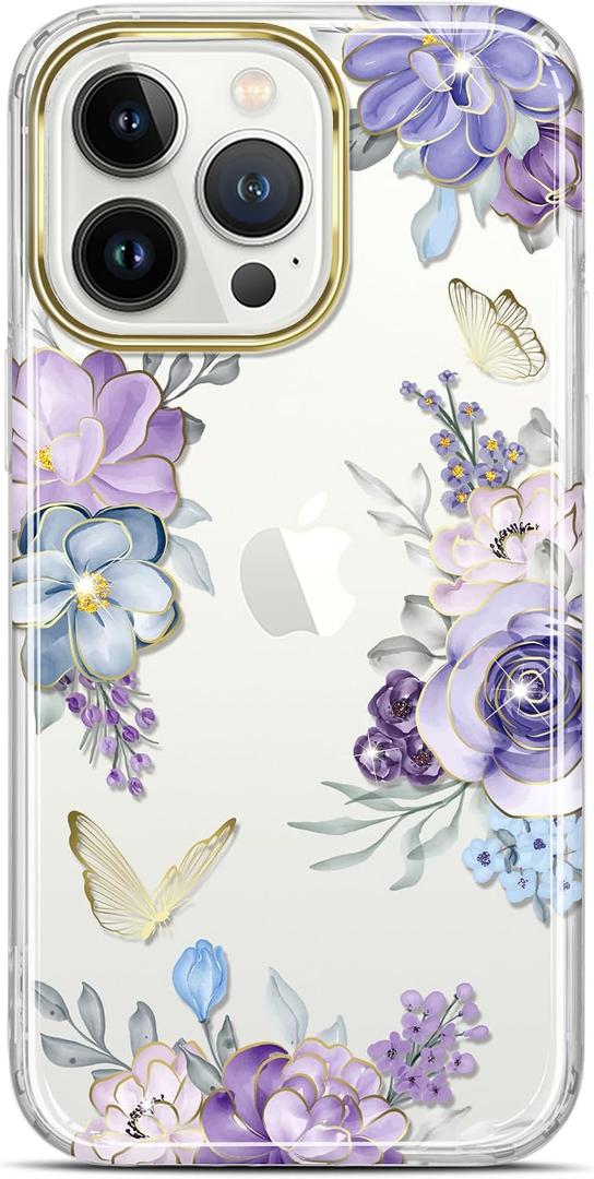 Clear Case Compatible with iPhone 12 Pro iPhone 12 Glitter Plating Flower Design Protective Shockproof Slim Thin TPU Bumper Durable PC Back Cover Phone Case, Purple