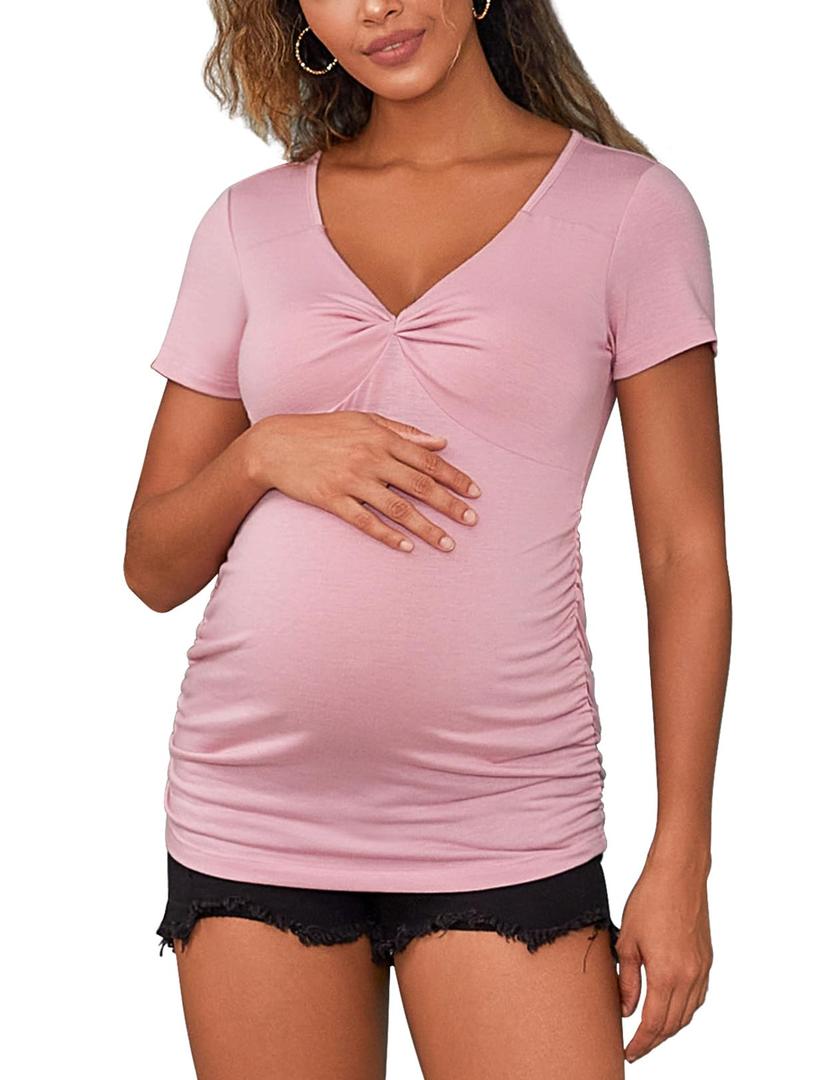 GINKANA Maternity Shirts Short Sleeve Summer Tops Twist Front Deep V Neck Maternity Blouse Casual Tees Tunics for Daily Wear,Pink,XL (Pink, XL)