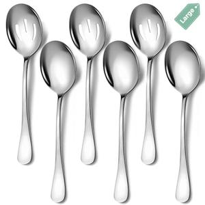Keyoxy Stainless Steel Serving Spoons Set, 6pc, 10-Inch, Includes 3 Large, 3 Slotted, for Parties/Kitchen/Buffet/Catering, Dishwasher Safe