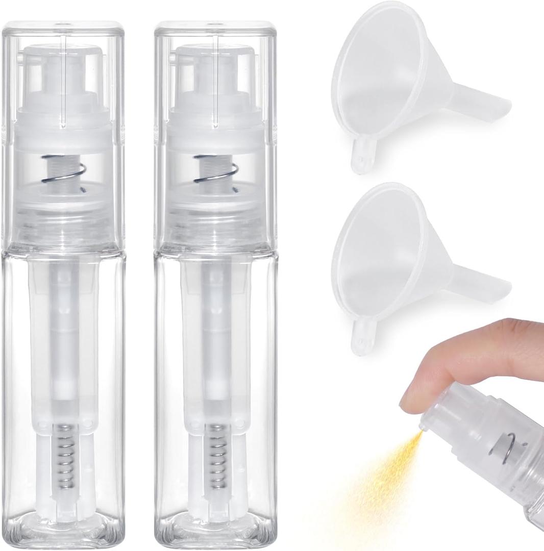 Matio 2 Pcs Duster Sprayer with 2 Funnels, 35ml Square Transparent Craft Spray Bottle, Empty Plastic Pump Multi-Purpose Edibler Sprayer for Cake, Card, Flower, Scrapbooking, Cardmaking