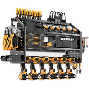 LBT 4 Layer Power Tool Organizer Wall Mount With Charging Station, Patented, 6 Outlet Power Strip, 6 Drill Holder, Heavy Duty Metal Garage Tool Storage Rack, Gifts For Men Fathers Day (Black)