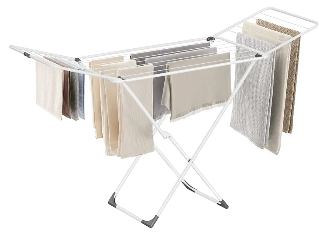 SONGMICS Clothes Drying Rack, Metal Laundry Drying Rack, Foldable, Space-Saving, Free-Standing Airer, with 2 Gullwings, Indoor Outdoor Use, Bed Linen Clothing, White ULLR540W01