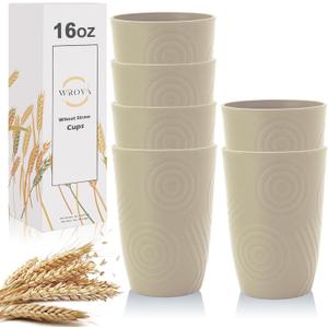 Wrova Wheat Straw Water Cups 16oz with Etched Pattern - Alternative Plastic Drinking Glasses Set of 6 - Unbreakable Tumbler Cups for Kids - Beige