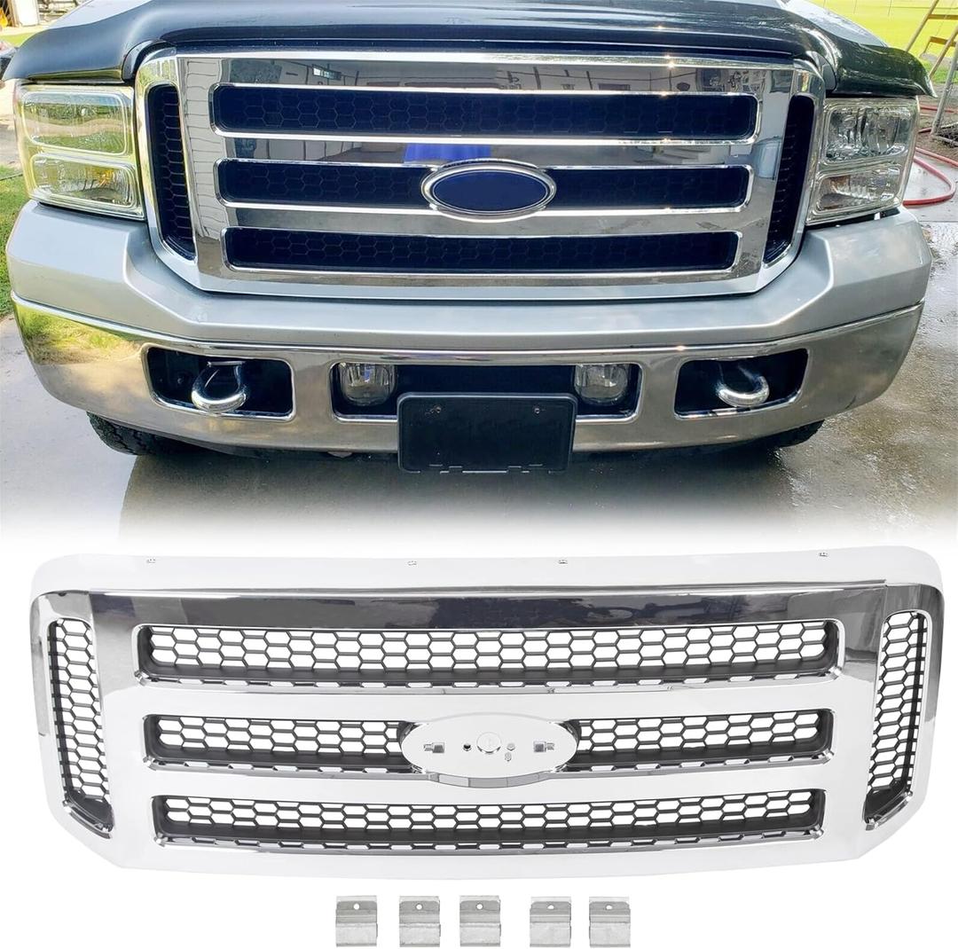 ECOTRIC Grille Assembly Compatible With 2005-2007 Ford SuperDuty F250 F350 F450 F-250 F-350 F-450 Excursion Chrome With Gray Honey Comb Replacement for FO1200456 5C3Z8200BAA(Without Emblem)