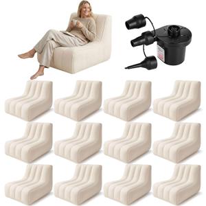 12 Pcs Inflatable Chairs for Adults, Blow up Couch with Electric Air Pump, Inflatable Chair for Movie Night Flocking Portable Blow up Furniture Beanbag Sofa for Living Room Party (Beige)