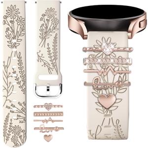 Wildflower Engraved Bands Compatible with Samsung Galaxy Watch 7 FE 6 4 5 Band 40mm 44mm, Galaxy Active 2, 20mm Soft Silicone Replacement Strap with Cute Decorative Charms Rings Accessories for Women (Starlight+5 Pcs Rose Gold Love)