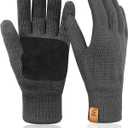MIG4U Mens Warm Winter Wool Gloves Knit, Thermal Insulated Fleece Lined Glove with Leather Palm (Gray)