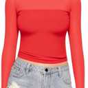 MANGOPOP Women's Mesh Long Sleeve Tops Crewneck Sexy Sheer T Shirts Slim Fitted Going Out Top Tee Red, XL