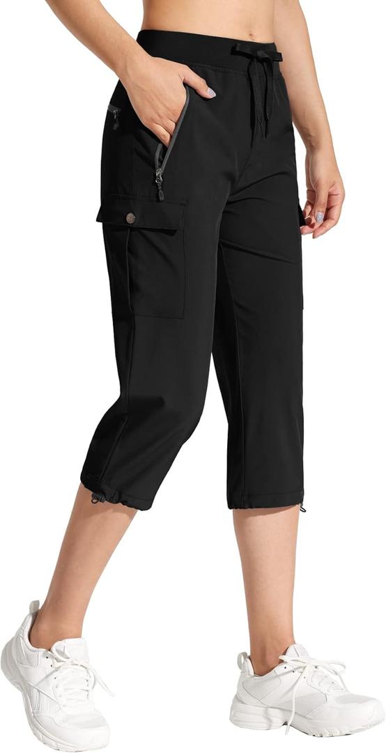 Women's Cargo Capri Hiking Pants Quick Dry Lightweight Summer Pants Outdoor Casual Capris with Zipper Pockets Black XXL