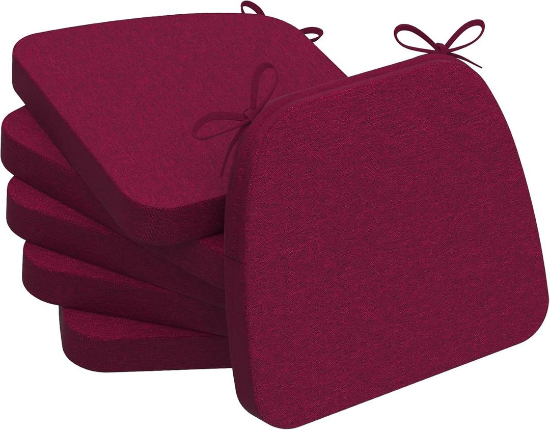 AAAAAcessories D-Shaped Chair Cushions, 2" Thick Dining Chair Pads with Ties and Removable, Machine-Washable Cover, 17" x 16", Set of 6, Wine Red