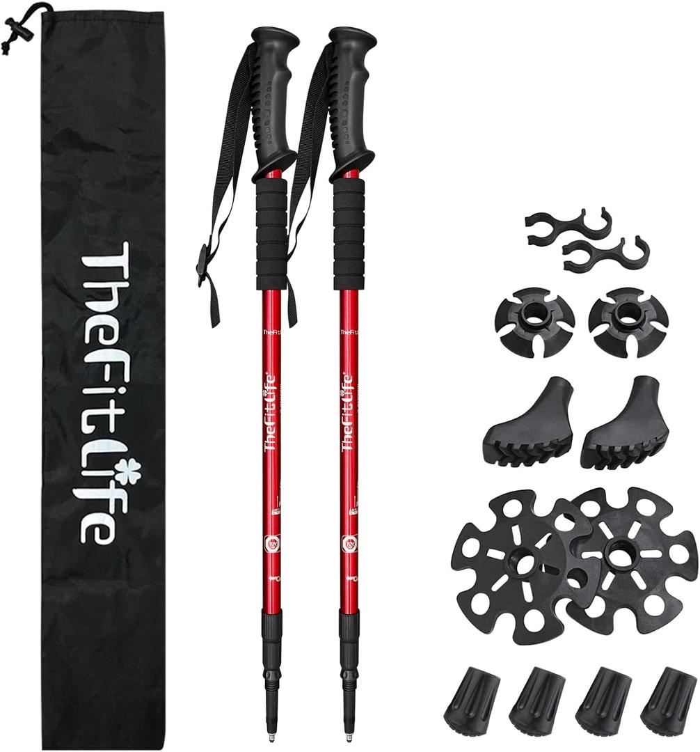 TheFitLife Nordic Walking Trekking Poles - 2 Sticks with Anti-Shock and Quick Lock System, Telescopic, Collapsible, Ultralight for Hiking, Camping, Mountaining, Backpacking, Walking, Trekking (Red)