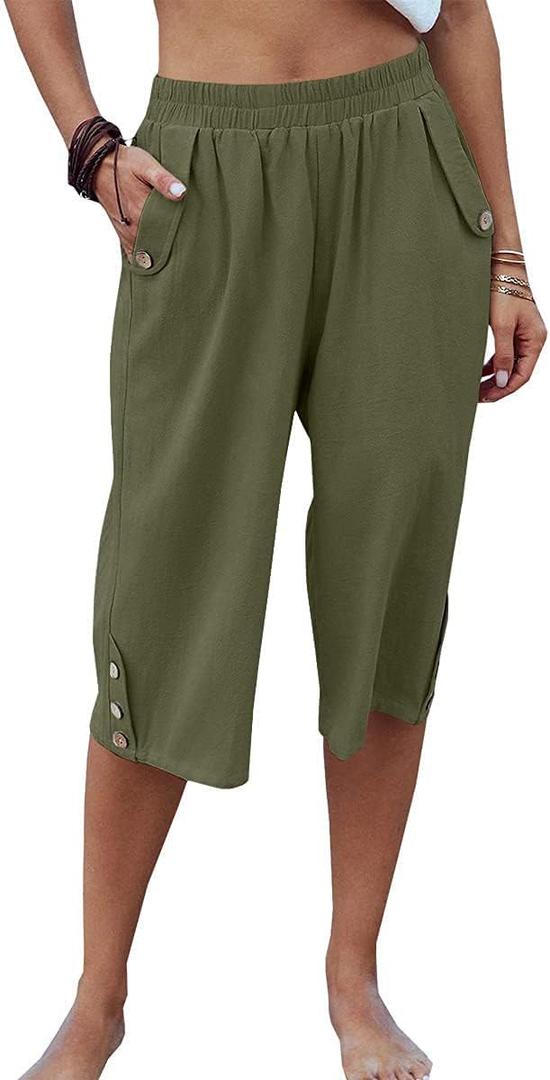 Veatzaer Women's Elastic Waist 3/4 Capri Harem Pants with Pockets Casual Loose Solid Yoga Trousers, Large