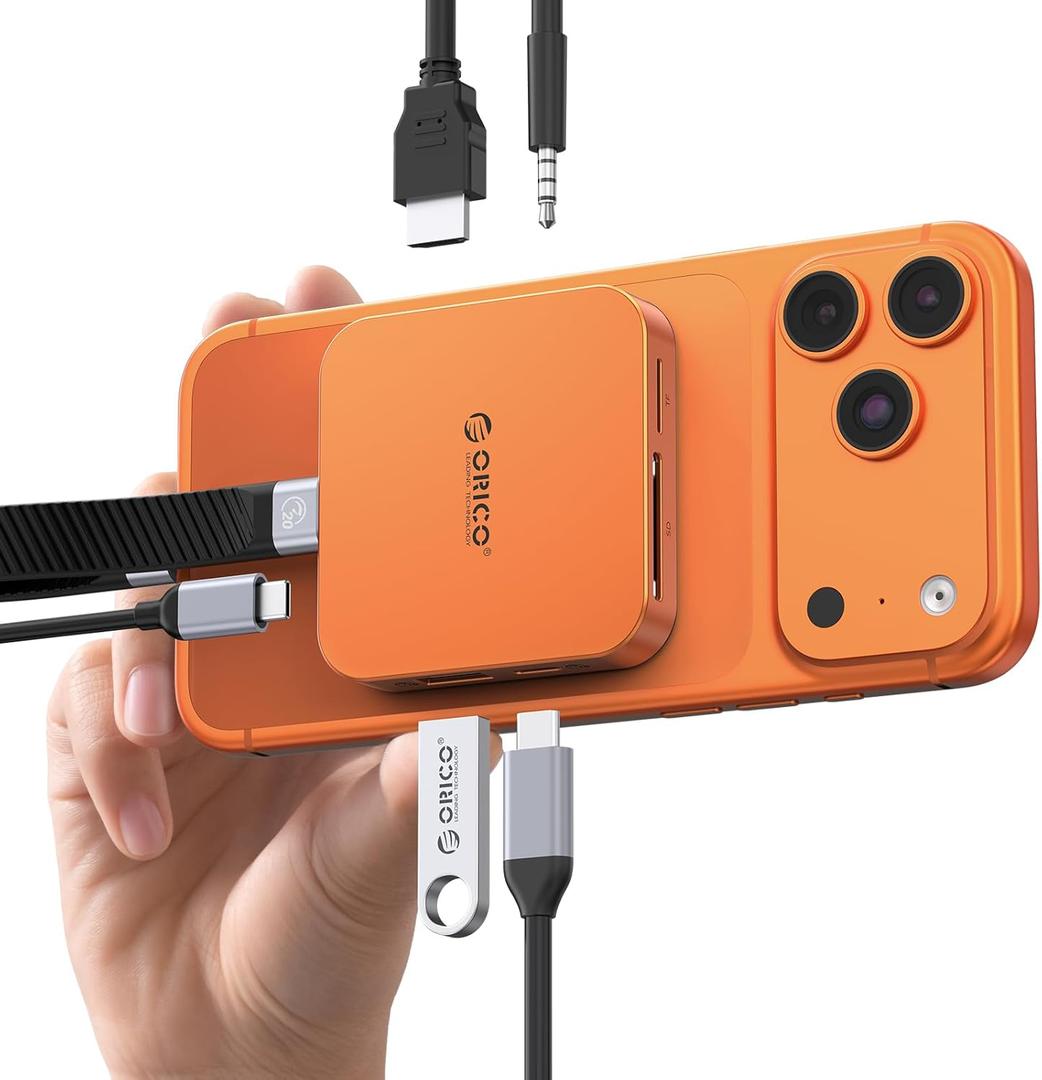ORICO 10Gbps Magnetic M.2 Docking Station, 8-in-1 USB C HUB & M.2 2230 NVMe Enclosure with HDMI 4K@60Hz,SD/TF Solt, AUX, 100W PD, Magnetic USB C Dock for iPhone/MacBook/iPad (orange)