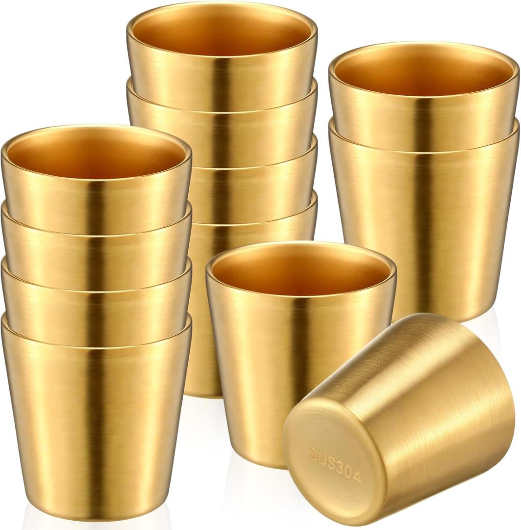Amyhill 12 Pieces Stainless Steel Cups Double Wall Tumbler Glasses Stackable Metal Drinking Cups Insulated Drinking Glasses Reusable Camping Mugs for Home Camping RV BBQ Office Party(Gold,5.9 oz)