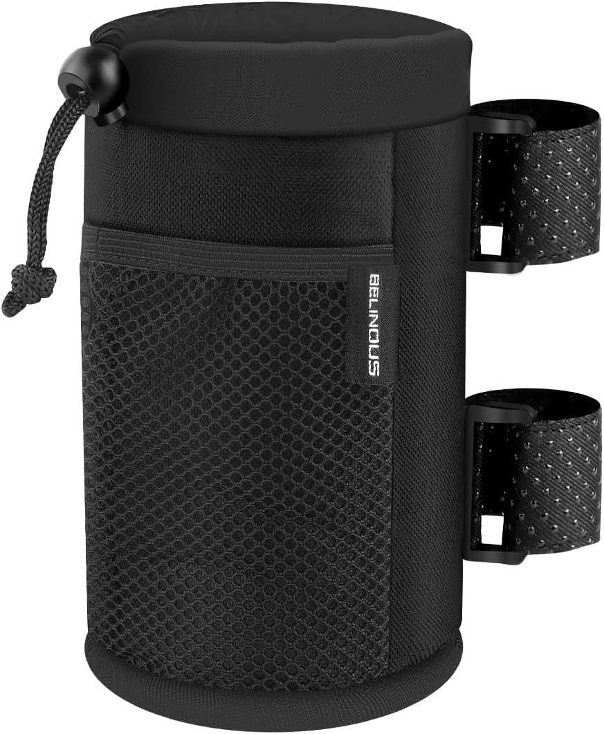 Belinous Scooter Cup Holder for 8-32oz Bottles, Wheelchair Walker Water Bottle Holder for UTV Roll Bar Bike e-Bike Golf Cart and Boat, Drink Holder with Net Pockets and Hook and Loop Straps (1 PC, Large)