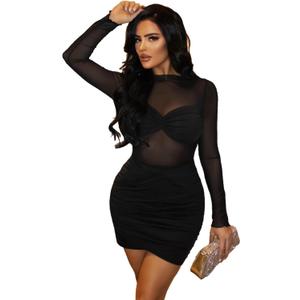 Floerns Women's Long Sleeve Mock Neck Party Dress Sheer Mesh Bodycon Mini Dresses (Medium, Black)