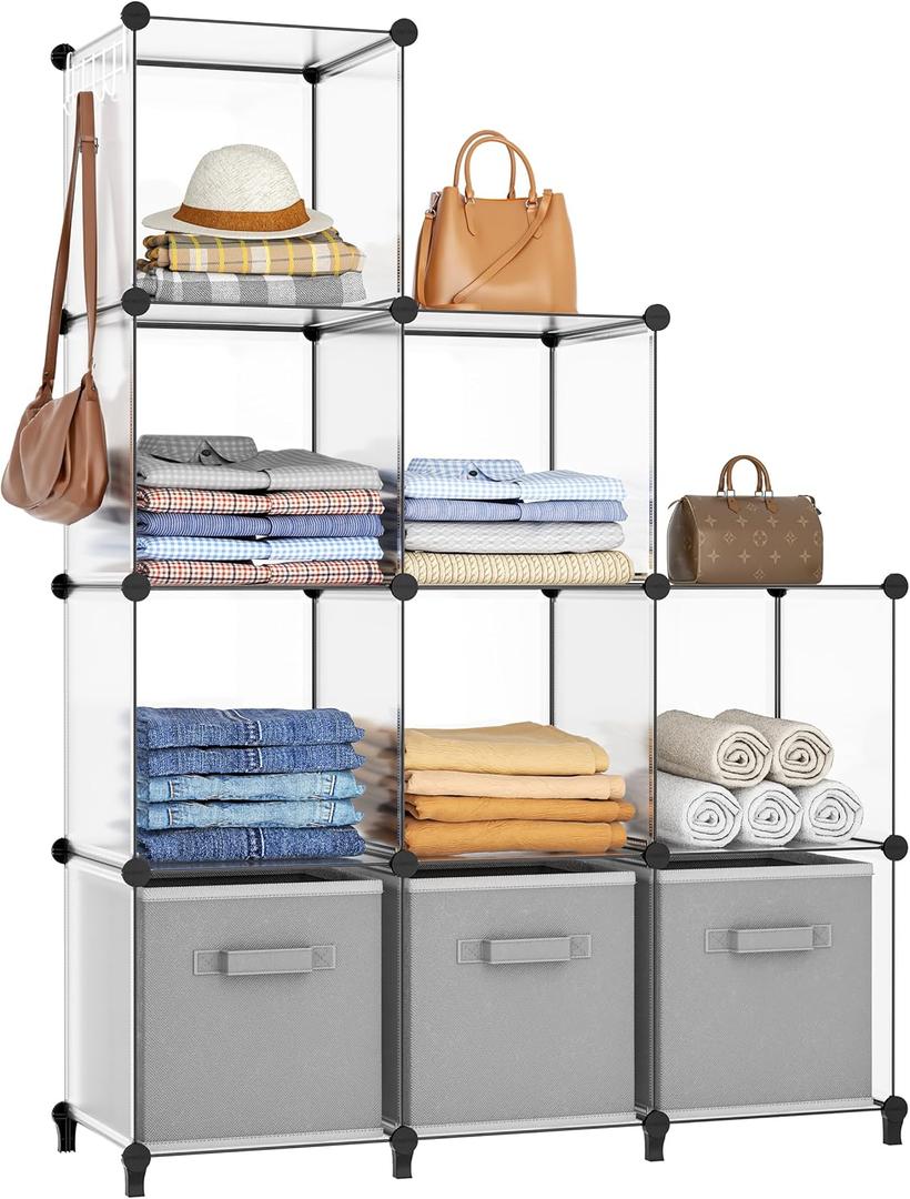 HOMIDEC Closet Organizers and Storage, 9 Cube Storage Organizer, Portable Closet Organizer Storage Cubes Shelves for Clothes, Bedroom, Wardrobe, Kids Room, Bathroom, Transparent (Large)