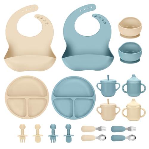 JELLDJK Silicone Baby Feeding Set, 18PCS Baby Led Weaning Supplies, Eating Essentials Utensils with Suction Plate and Bowl, Adjustable Silicone Bib, for 6+ Months (Blue+Beige)