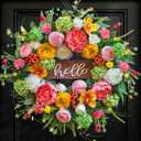Spring Wreath for Front Door, 24 Inch Artificial Spring and Summer Wreath with Peony, Rose, Orchid, Hydrangea and Gardenia Flowers, Peach, Berries and Hello Wooden Sign, Decor for Indoor Outdoor