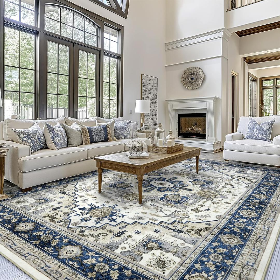 Area Rugs for Living Room 10x12 - Large Machine Washable Vintage Oriental Soft Rug, Low Pile Thin Carpet with Non Slip Backing for Bedroom, Dorm, Under Dining Room Table, Indoor House, Office Decor