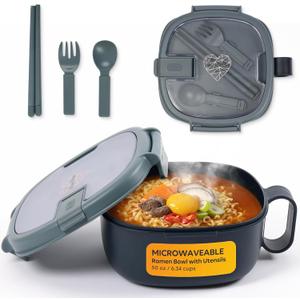 AI LOVE PEACE Microwavable Ramen Bowl Cooker with Lid - Leakproof Noodle Container with Built-In Utensils, BPA-Free, Dishwasher & Freezer Safe [Navy] (50 oz (Single Bowl))