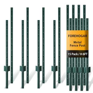FOREHOGAR Metal Fence Post Green Splicing 6 feet, Pack of 15, T Posts for Fences Wire Mesh, No Dig Steel Stakes Fencing for Garden Yard Farm Outdoor Light Duty