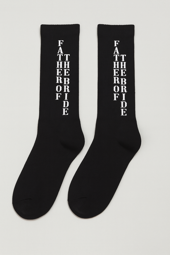 Classic Black Crew Socks With Bold White “Father Of The Bride” Lettering. Made Of Soft Cotton Blend With Added Stretch For Comfort And Durability, Perfect As A Gift For Weddings Or Special Occasions