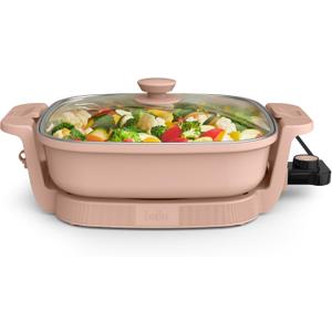 bella Make & Take Electric Skillet, Fits-anywhere kitchenware, EverGood Ceramic Coating, Adjustable Temperature & Dishwasher-Safe Tempered Glass Lid, Cast Aluminum Base, 1200 Watt, Blossom