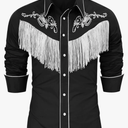 CORSKI Men's Cowboy Costume Western Long Sleeve Casual Fringe Hippie Slim Fit Button Down Shirt 3XL Black