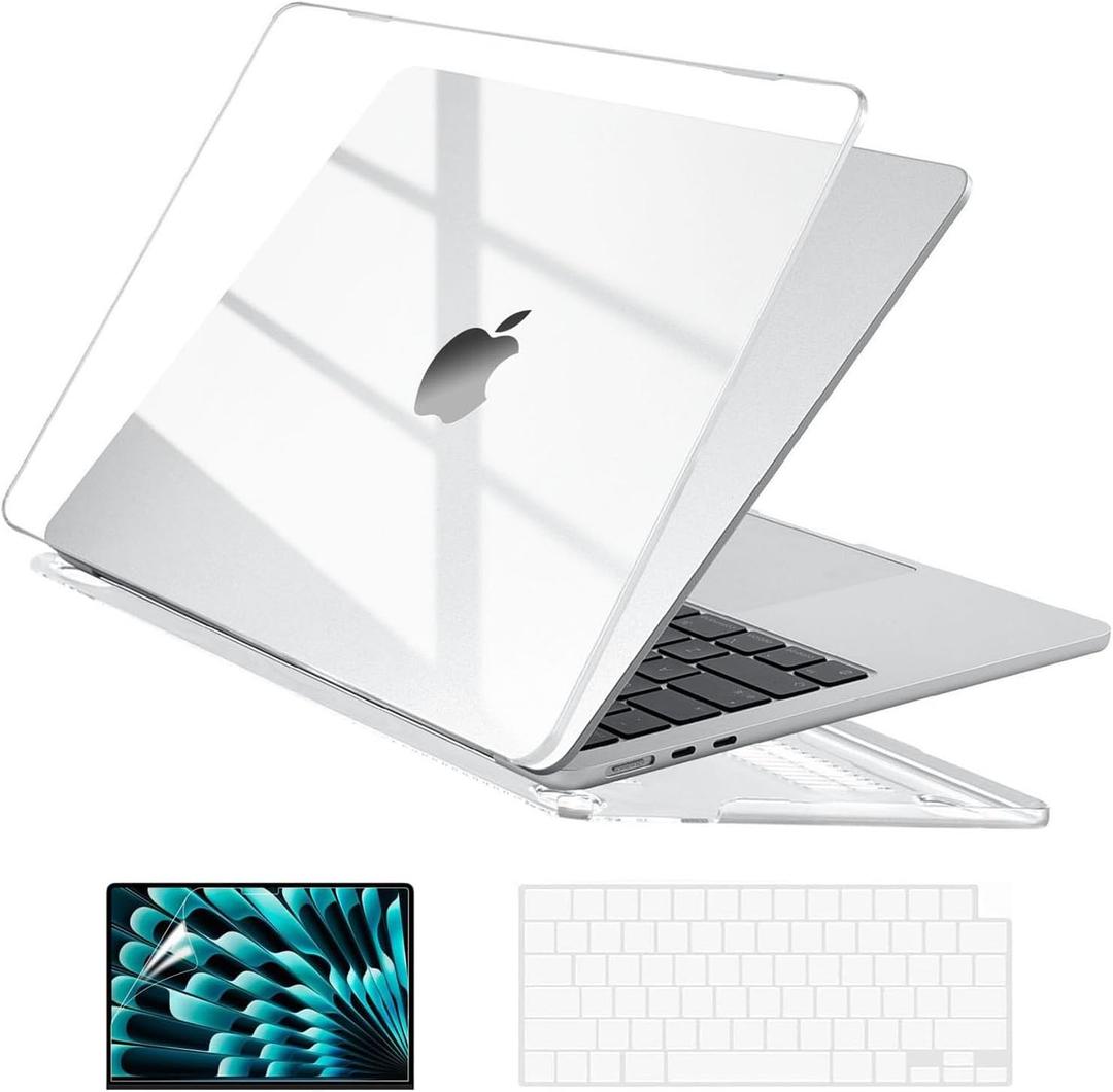 EooCoo Case Compatible with MacBook Air 15 inch M4 2025 2024 2023 Release A3241 M3 A3114 M2 A2941 Liquid Retina Display, Plastic Hard Shell Case + Keyboard Cover + Screen Protector, Crystal Clear