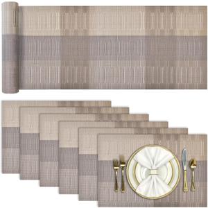 Aofmee Table Runner and Placemats Set of 6 Washable, Heat Resistant Place Mats with Table Runner, Woven Vinyl Table Placemats, Stain Resistant Kitchen Table Mats Sets, Easy to Clean, Gold, Set of 7