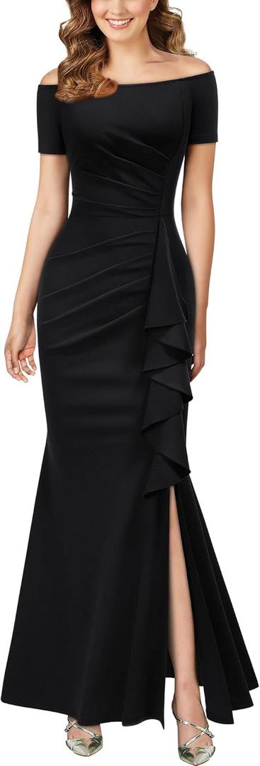 AISIZE Women's Elegant Off Shoulder Ruffle Formal Evening Long Dress (Large, Black)