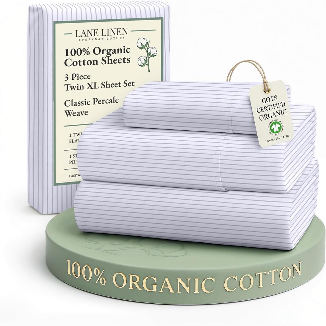 LANE LINEN 100% Organic Cotton Twin XL Sheets Set 3-Piece Pure Percale Bedsheets Bedding Breathable Fits Mattress Upto 15" Deep - Blue Ticking Stripe