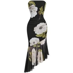 MakeMeChic Women's Floral Tube Dress Strapless Ruched Ruffle Hem Bodycon Midi Dresses Extra Large, Multicolor 