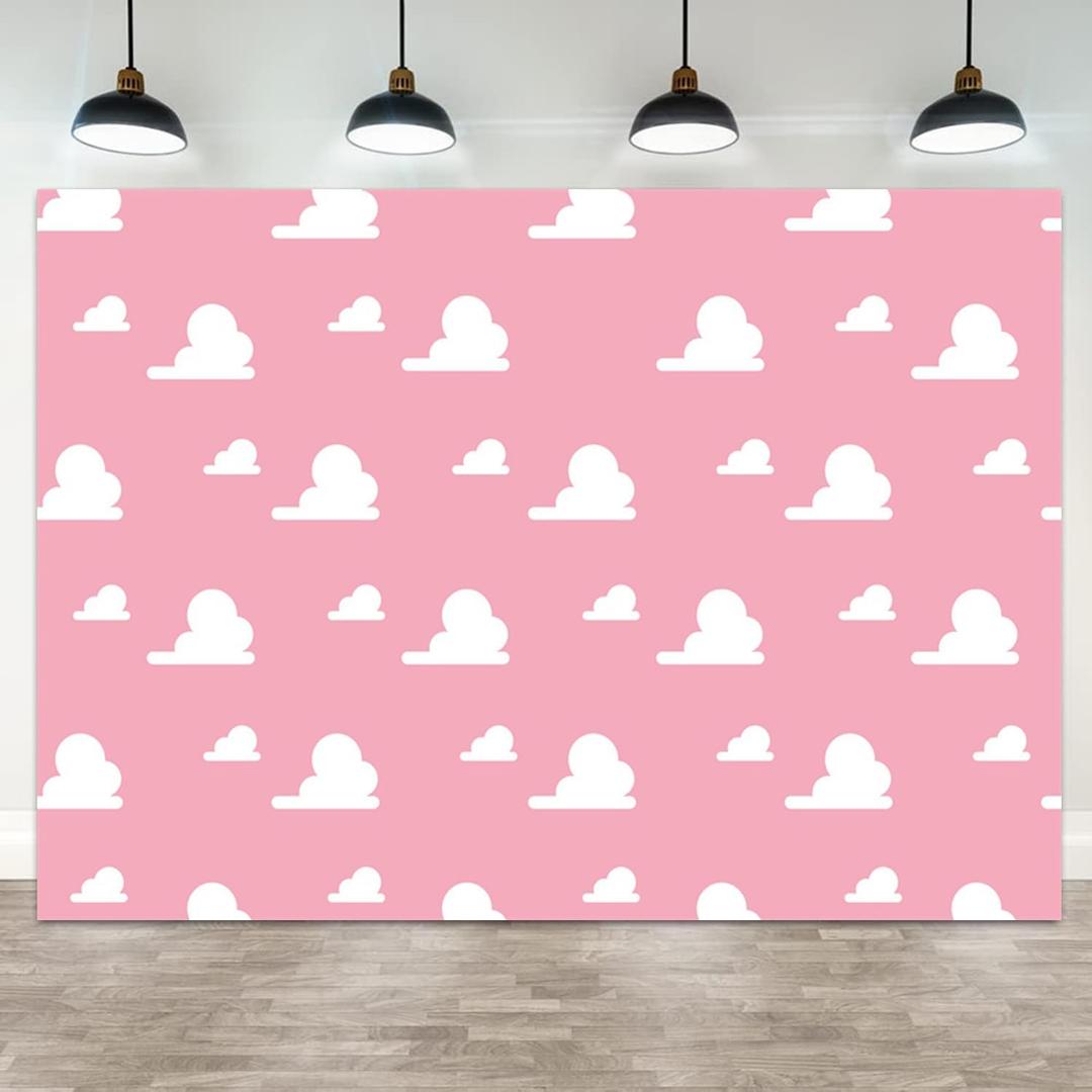 7x5ft White Clouds Pink Backdrop Cartoon Baby Shower Photography Background Girl Story Theme 1st 2nd 3rd Birthday Party Banner Decorations Kids Boys Girls Portrait Photo Booth Prop