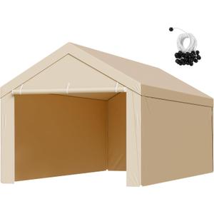 VEVOR Carport Replacement Canopy, 10 x 20 ft Potable Garage Tent Top Tarp with Sidewalls, UV-Resistant & Waterproof, Heavy Duty Car Shelter Tarp with Ball Buggees, Beige, Frame Not Included