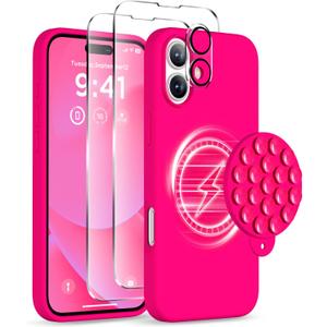 Magnetic for iPhone 16 Case, Compatible with Magsafe, Suction Cup Phone Mount, [2 Screen Protectors][Camera Lens Protector] Silicone Shockproof Protective Slim Phone Cover 6.1", Neon Pink