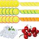 MTLEE 90pcs Artificial Plant Fruit Decor Set, Including 30 Simulation Lemon Slices, 50 Clear Acrylic Ice Cubes, 10 Artificial Cherry Fruits for Home Decor, Wedding Vase Filler, Photo Prop
