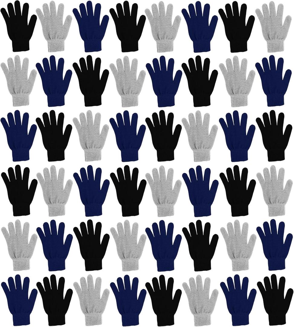 48 Pairs Winter Magic Gloves, Bulk Warm Brushed Interior, Stretchy Assorted Mens Womens (Assorted Black / Navy / Gray)