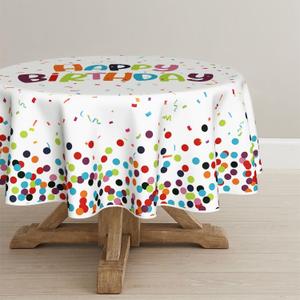 Horaldaily Birthday Tablecloth 70x70 Inch Round, Happy Birthday White Washable Seasonal Table Cover for Party Picnic Dinner Decor