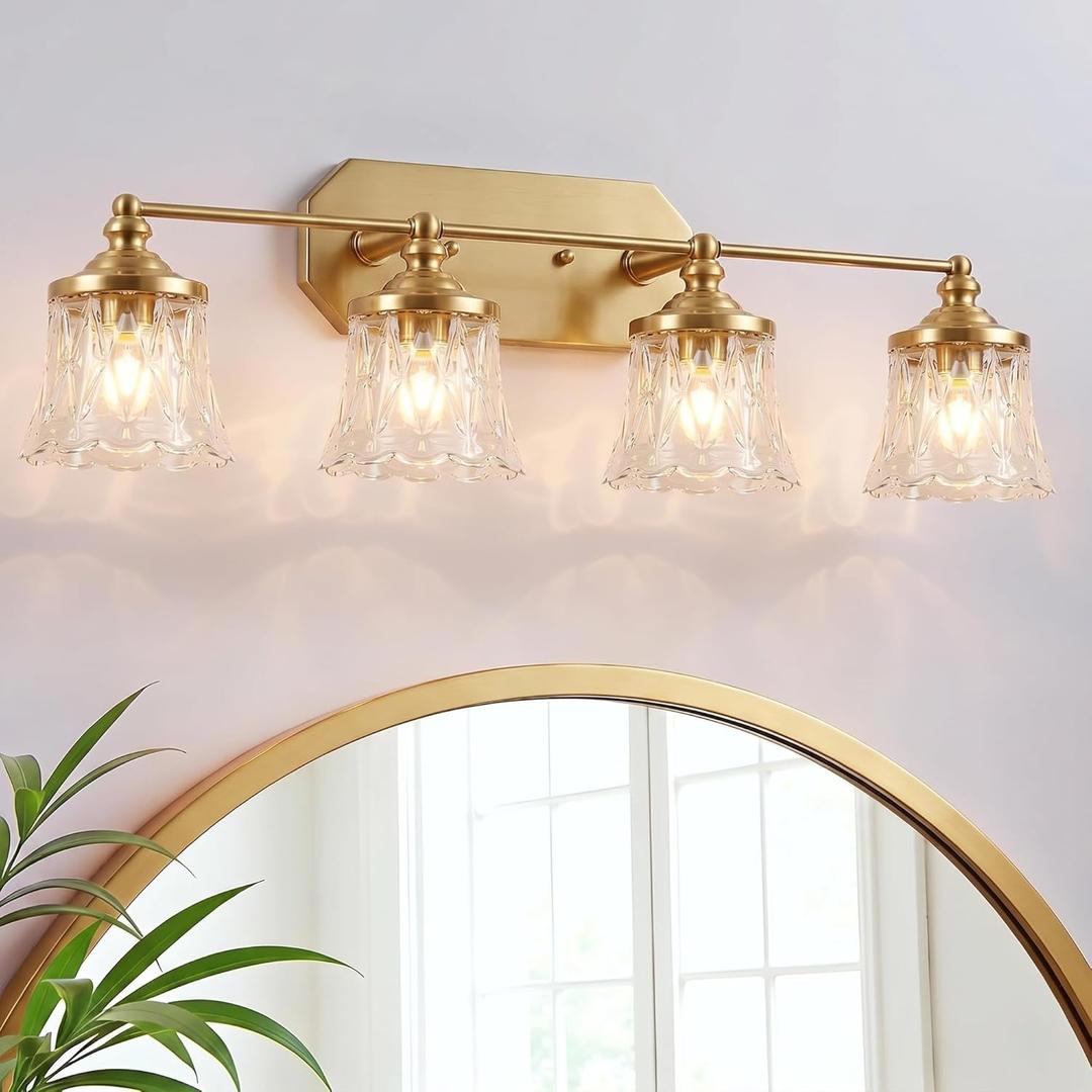 Vintage Bathroom Vanity Light Fixtures, Gold 4-Light Vanity Light, Antique Bathroom Lighting Fixtures Over Mirror with Crystal Glass Shade, Vanity Lights for Bedroom Living Room Hallway