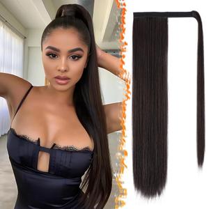 BARSDAR Dark Brown Straight Ponytail Extensions - 26 Inch Long Straight Wrap Around Ponytails for Women, Clip in Ponytail Hair Extensions Synthetic Pony Tails Hairpieces - Dark Brown Mixed