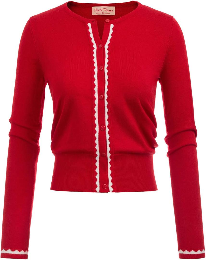 Women's Cardigan Sweater Color Block Long Sleeve Crew Neck Knit Cardigan Trendy Cropped Cardigan Shrug (Large, Red)