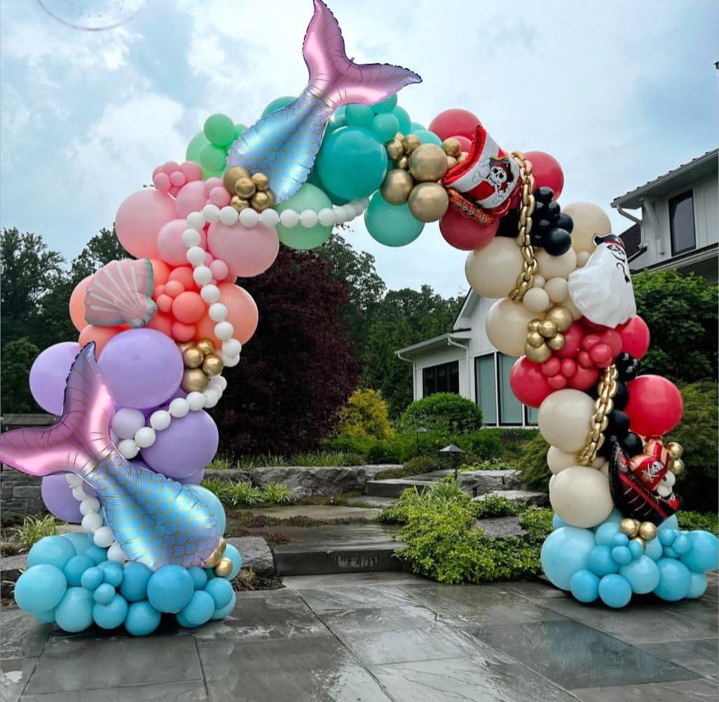 Mermaid Pirate Party Decorations, 157pcs Pastel Pink Red Black Balloons with Inflatable Pirate Ship Tail Balloons for Birthday Gender Reveal Baby Shower Sea Sailing Little Mermaid Ocean Party Favors