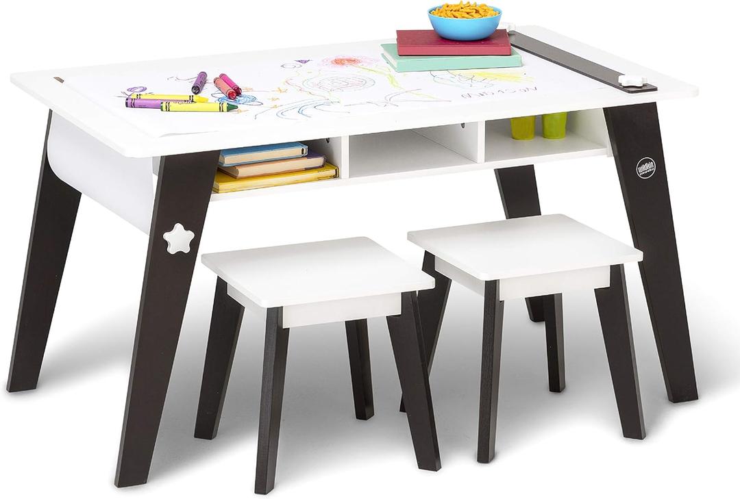 Wildkin Kids Arts and Crafts Table Set for Boys and Girls, Mid Century Modern Design Craft Table Includes Two Stools, Paper & Storage Cubbies Underneath Helps Keep Art Supplies Organized (Espresso)