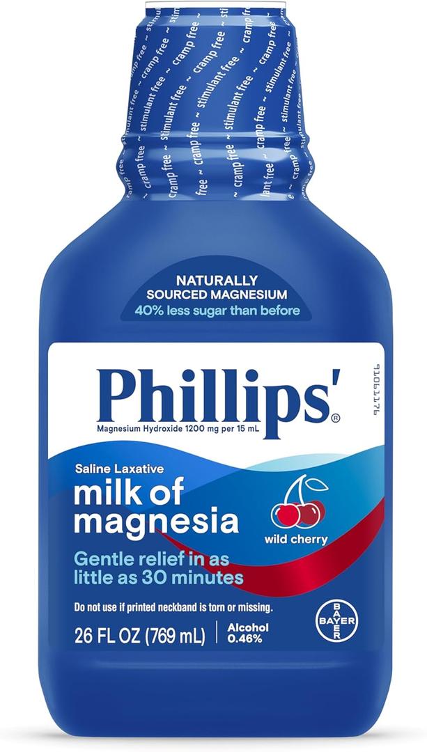 Phillips Milk of Magnesia Liquid Laxative, Wild Cherry Flavor, Stimulant Free, Cramp Free Relief of Occasional Constipation*, Effective in 30 minutes - 6 hours, #1 Milk of Magnesia Brand, 26 oz